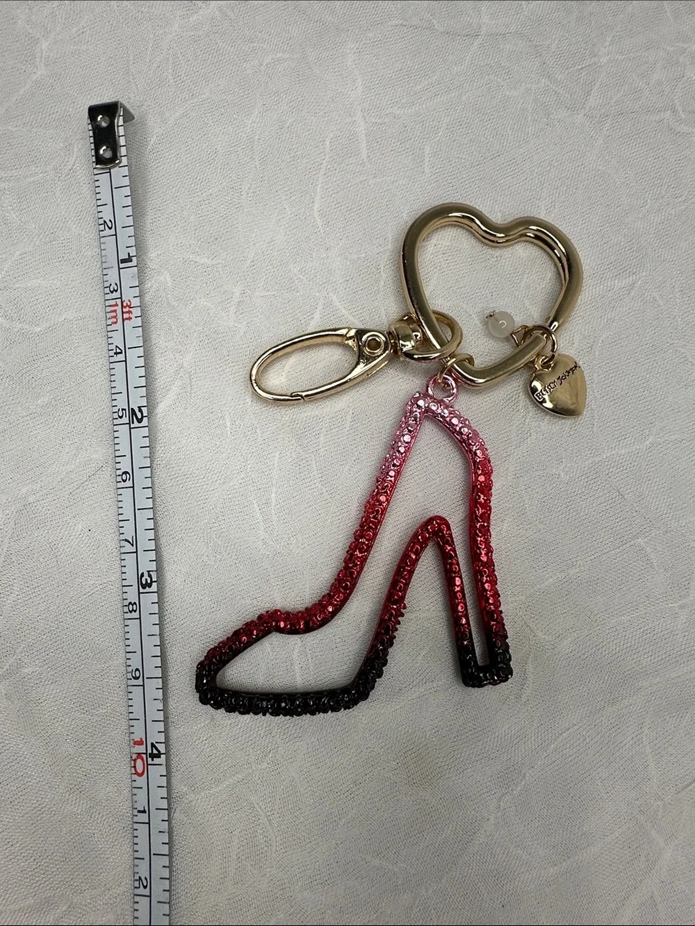 Betsy Johnson Charm Gold Keyring with Pink to Black Sequin High Heel Charm Ombre